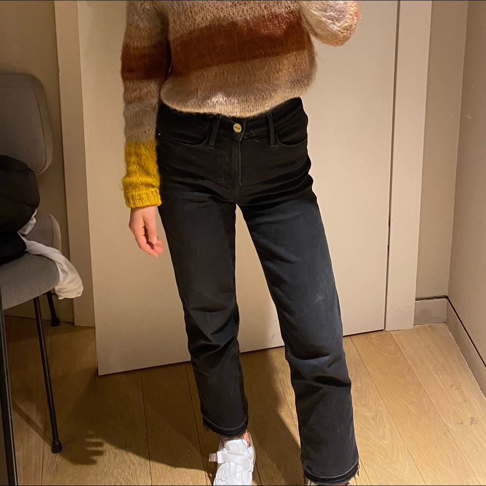 Frame Le High Straight dark grey wash ankle length size 23 with raw hem.